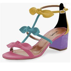 XYD Multicolor Chunky Heels Open Toe Sandals BowKnots Gladiator Strappy Shoes